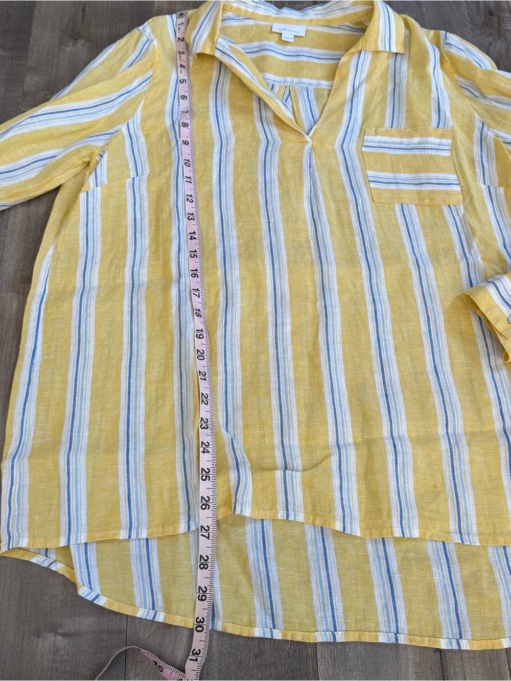 J Jill Love Linen Pullover Collared Shirt Yellow Stripe Large Preppy Boat Tunic - Picture 5 of 8
